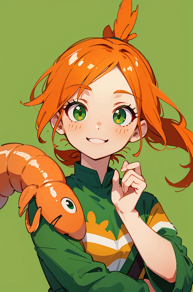 Cute little spiny lobster, girl,Orange hair、large round green eyes、Side Ponytail、small tits, ((Green hoodie:1.2)),Choose a shrimp dish,cute shrimp nest room,Cute, cuteness, Happy, Smiling,shrimp around, Happy environment, Dolce,Cute atmosphere
