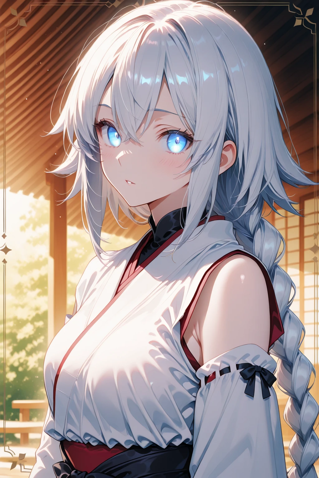 pajamas、Pajamas、kimono、(masterpiece, best quality:1.2), 1girl, 独奏,Wolf girl, fox mask, ninja, girl, long white hair, odd eyes, blue kimono, ninja girl, red and blue scarf,Dancing Cherry Blossoms,Full moon backlighting, light coming in, fantastic atmosphere.night、Shadows of light and darkness、、long hair that spreads、bed、kimono
