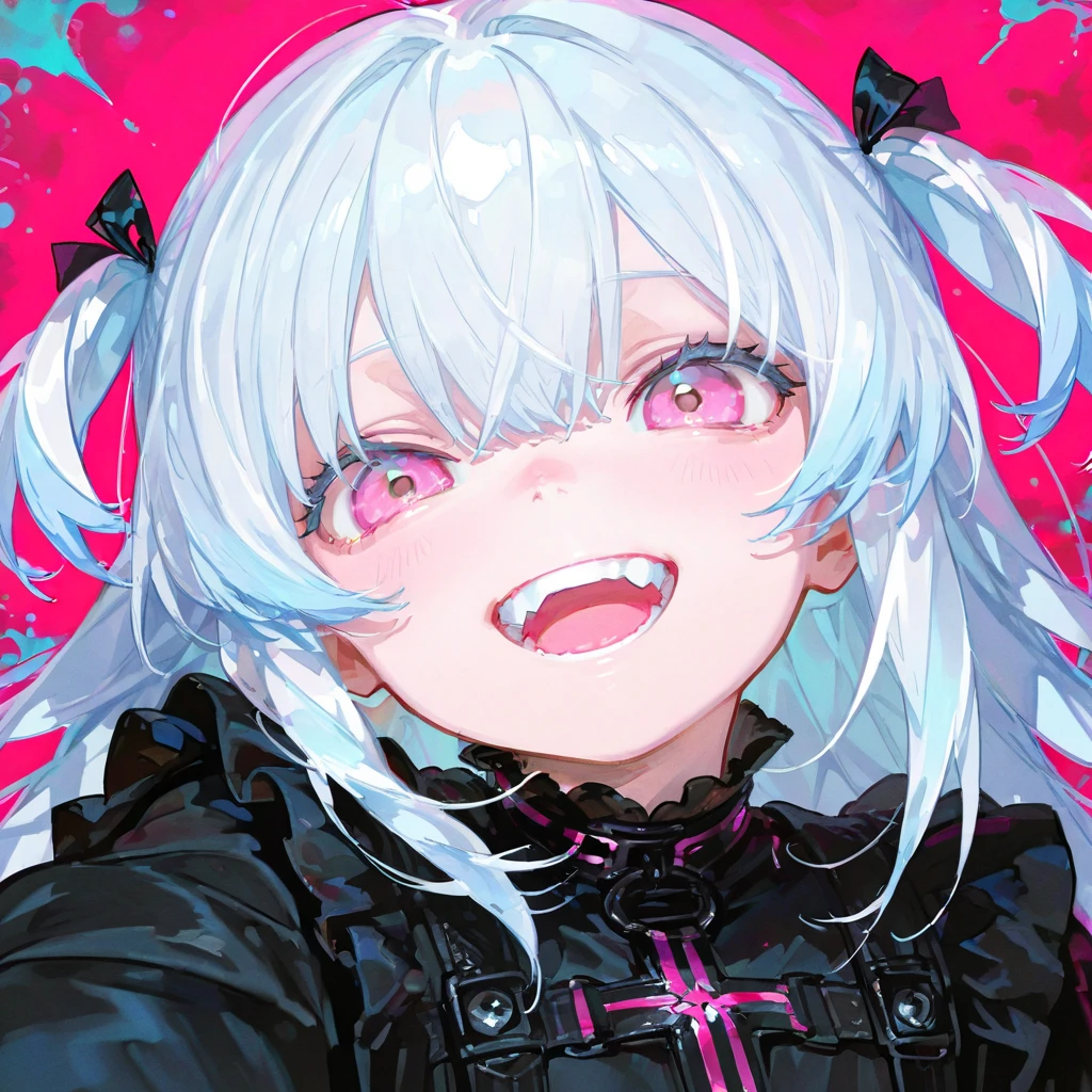 (masterpiece:1.2)、Highest quality、PIXIV、Rebellious girl、One girl、Open your mouth、鋭いteeth、teeth、Long Hair、Street background、gem、badge、ボタンbadge、Food、Pink Eyes、Earrings、Jacket、eyelash、Foodを下にして、star (symbol)、Upper Body、Characters in clothes、zipper、collar、cable、chain、、Stickers、hoodie、smile、spike、Focus on the viewer、長い、 in the center、Shoulder 、Belly button、Black and white hair color,leaning forward,Cyberpunk city,Night view,Black and white grey outfit