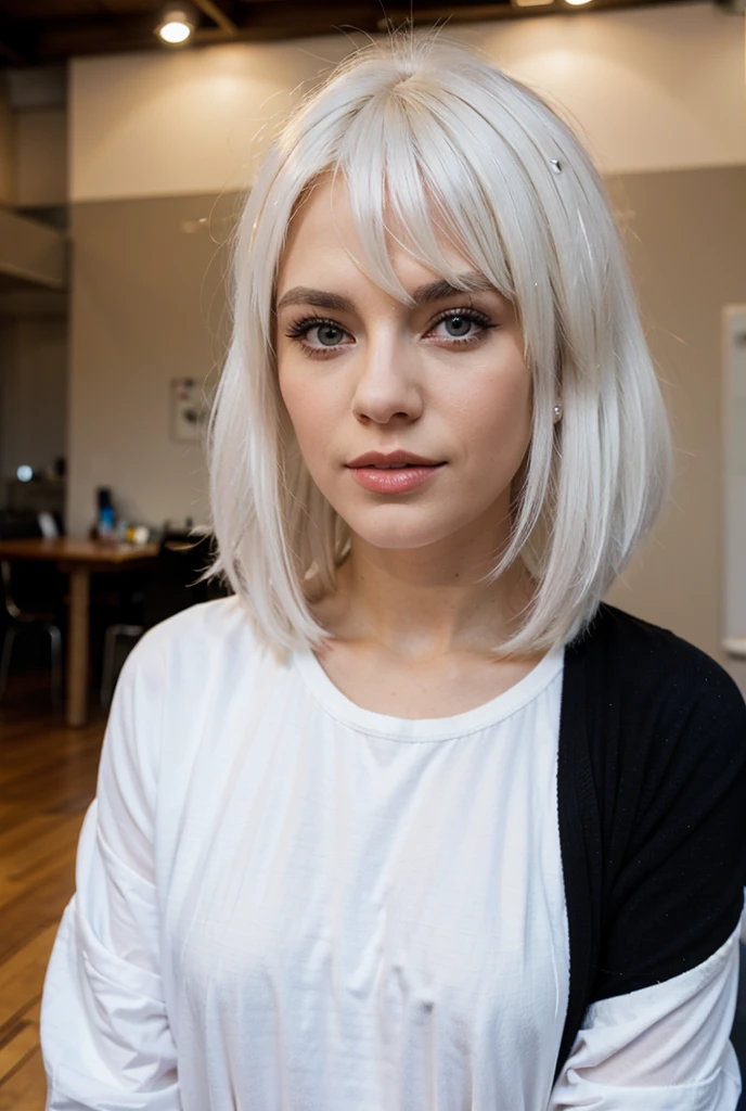 (best quality, 4k, 8k, high-res, masterpiece), ultra-detailed, (realistic, photorealistic, photo-realistic), 1girl, solo, looking at viewer, short hair, bangs, upper body, white hair, lips, , makeup, nose, black 
