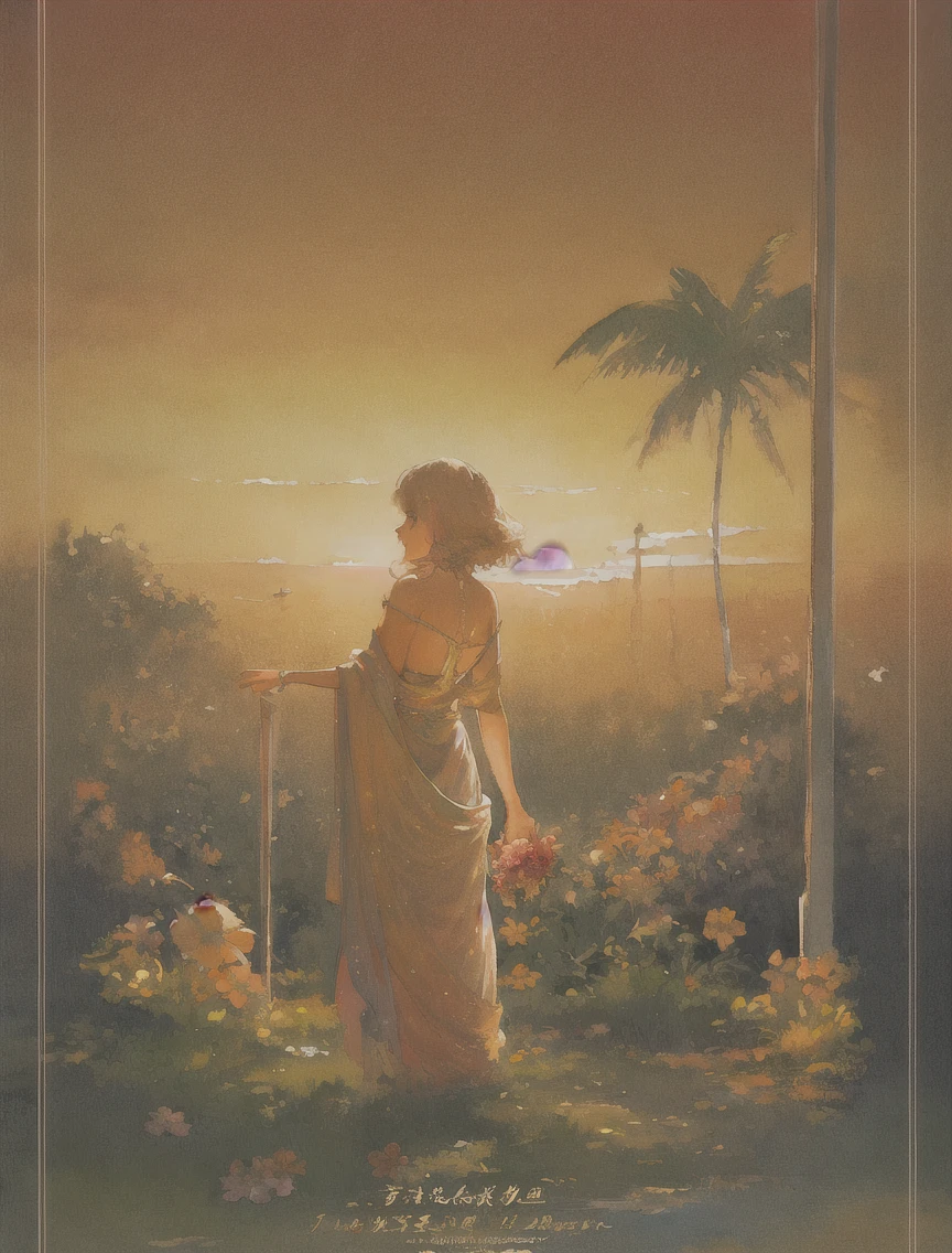 alone in the universe, Paint in watercolor style, Photorealism, discreet golden and ruby and mint shades, () gentle modest thin girl 16 years old (with a very beautiful exquisite face) with tender walking barefoot in the distance (around the southern town) early morning (along the houses)
