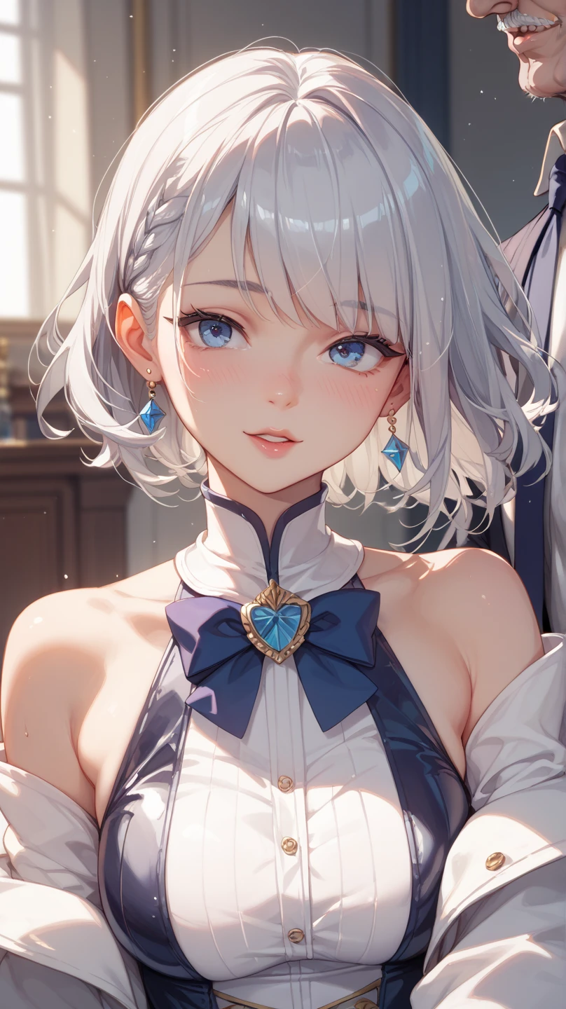 oking at viewer, light smile, blush,, ornate, hotel room, cowboy shot, v arms, short silver hair, blue eyes, serious looks. looking at viewer, cowboy shot, solo, silver bunny ears, one bed #Anime. lack , fur trim, gloves, blue boots floating armor