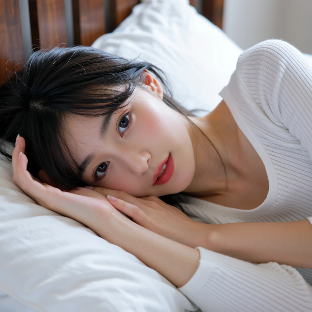 masutepiece , Best Quality, Ultra-detailed, Raw photo, Extremely delicate and beautiful, High resolution, Detailed eyes,detailed  features, detailed arms,Detailed fingers,Detailed legs,
1girl in, 25 years old, Beautiful japanese girl, Small breasts, Plump lips, Wavy Hair, Short hair, She has one small mole under my eye., 
 (()),((Full body)),(((From Side))), Bedrooms, Sleeping in bed, off-the-shoulder sweater, (((Looking at Viewer))), (((underlighting))), (Dark light), Film grain, SLR camera, 35mm lens focal length,((Open mouth)),((Half closed eyes)),((Biologically correct hands))