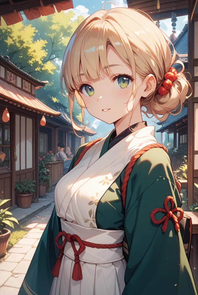 Please follow all prompts below exactly and faithfully. This is a breathtaking masterpiece of digital illustration, with maximum resolution, UHD, 512K, 2160p, 10 million ppi, 300 million dpi, natural color tones, ultra sharp details, perfect outlines with contrast, most realistic skin and hair textures, most beautiful detailed eye features, perfect anatomically correct human body, beautiful background with depth, rule of thirds, depth of field, Maximize all element is used to its full potential to create the best digital illustrations, looking back, , 1woman, :1.5, beautiful face sharp, elegant woman, perfect body style, slender, beautiful , green eyes, blonde hair, hair over one eye, short hair, glossy very thick lips:0.7, pink lipstick:0.7, smile, (Chinese clothes:1.5), ultra :1.3, neckless:1.5, earring, bracelet, (open cafe:1.5),
