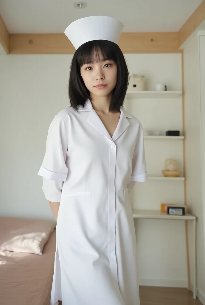 POV, (ojou-sama pose:1.5), (Cowboy shot:1.2), (masterpiece:1.3), high resolution, ultra detailed, extremely detailed CG unity 8k wallpaper, realistic, photo-realistic, RAW photo, beautiful detailed face, Korean woman, pale skin, realistic skin, detailed cloth texture, detailed hair texture, Perfect proportion, Beautiful Face, accurate, Anatomically correct, Highly detailed face and skin texture, natural neck length, (beautiful hands), (fair skin:1.2), Thin legs, Thin feet, BREAK Detailed eyes, symmetrical eyes, Light Brown eyes, Double eyelids, Thin eyebrows, (Glossy lips:1.4), (Goddess smile:1.2), BREAK (A Classy and Cute girl:1.3), (Wearing medical uniform:1.2), (medium large breasts:1.2), (slender figure), (Dark brown hair, wavy hair), ((Medium long hair, asymmetrical bangs:1.2)), (looking at viewer:1.2), From front, BREAK, (hospital bed:1.2),