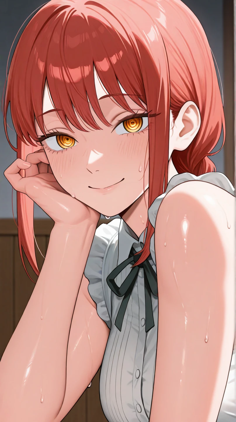 (( Highest quality, High resolution, Hmph, Pixel perfect,  4K, Hmph, Hmph))), 1 Girl, single, alone, Beautiful woman、I could see the whole body、 ((Mid-wave hair, bangs, Redhead、Yellow headband、)), ((Brown eyes, Beautiful eyelashes, Realistic eyes)), ((Detailed face, blush:1.2)), ((Smooth texture:0.75, Realistic texture:0.65, Realistic:1.1, Anime CG Style)),Embarrassed face、 Big Breasts、((((Sweating all over the body)))), Dynamic Angle, Perfect body,Leaning forward significantly、(Exposing her ass.、Spread your legs、Cover your chest with your hands)、