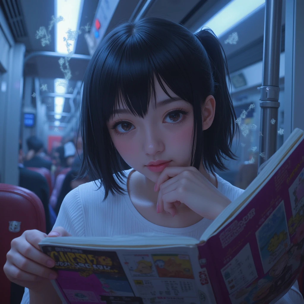 There is a woman sitting in a bus seat with her legs crossed, um desenho de anime por Jin Homura, trending on pixiv, arte de contexto, arte cg anime suave, menina bonita do anime high school, visual novel cg |, Hanayamata, Estilo anime misturado com Fujifilm, 3d menina anime, tokyo anime scene, anime moe artstyle, uma aluna hiperrealista,calcinha-tiro, tiro de calcinha, Calcinha