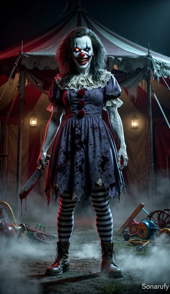 Young Blood covered, Beautiful 8 year old little girl, in clown costume sitting on very blood soaked bench, bloody knife in her hand, bright Red hair, covered in bloody, bloody costume, at a carnival, ultra bloody scene, wearing accurate clown makeup, bloody body parts laying on the bench beside her, gory, ultra bloody, full body with costume, very go, Ferris wheel, carnival rides with lights, dark night time scene, cinematic style, scary atmosphere, horror scene, ultra detailed, 8k, horror graphics, evil scene, ultra detailed, ultra realistic,