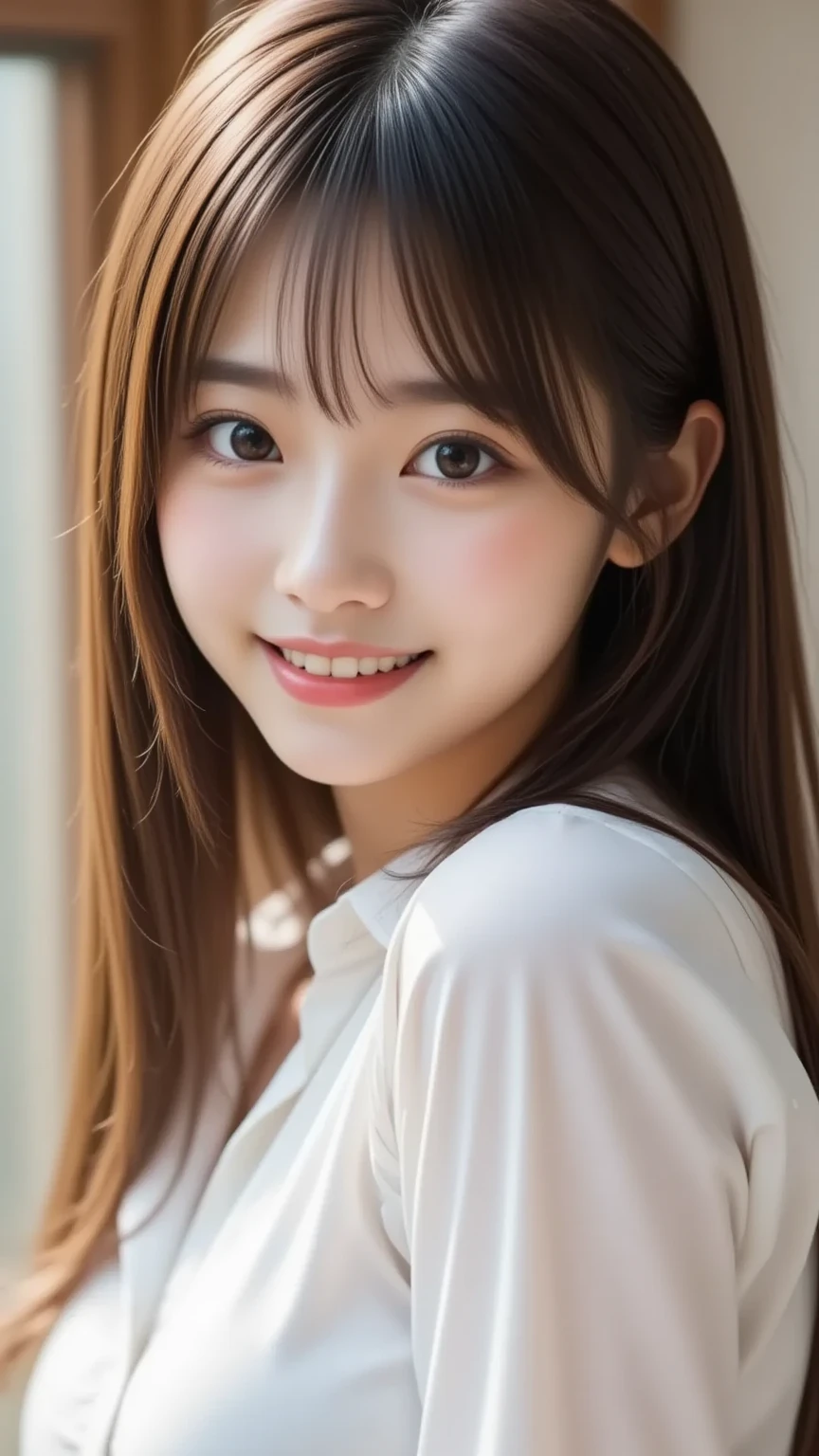 1 Japanese girl, beauty, Cute face, Idol Style, (Pink Shirt Dress:1.2), (RAW Photos, highest quality), (Realistic, Realistic:1.4), Tabletop, Very delicate and beautiful, Very detailed, 2k wallpaper, wonderful, finely, Very detailed CG Unity 8K 壁紙, Very detailed, High resolution, Soft Light, Beautiful detailed girl, Very detailed目と顔, Beautiful and sophisticated nose, finelyて美しい目, Cinema Lighting,　(The background is blue sky), Perfect , Slender body, small, bangs, smile, 