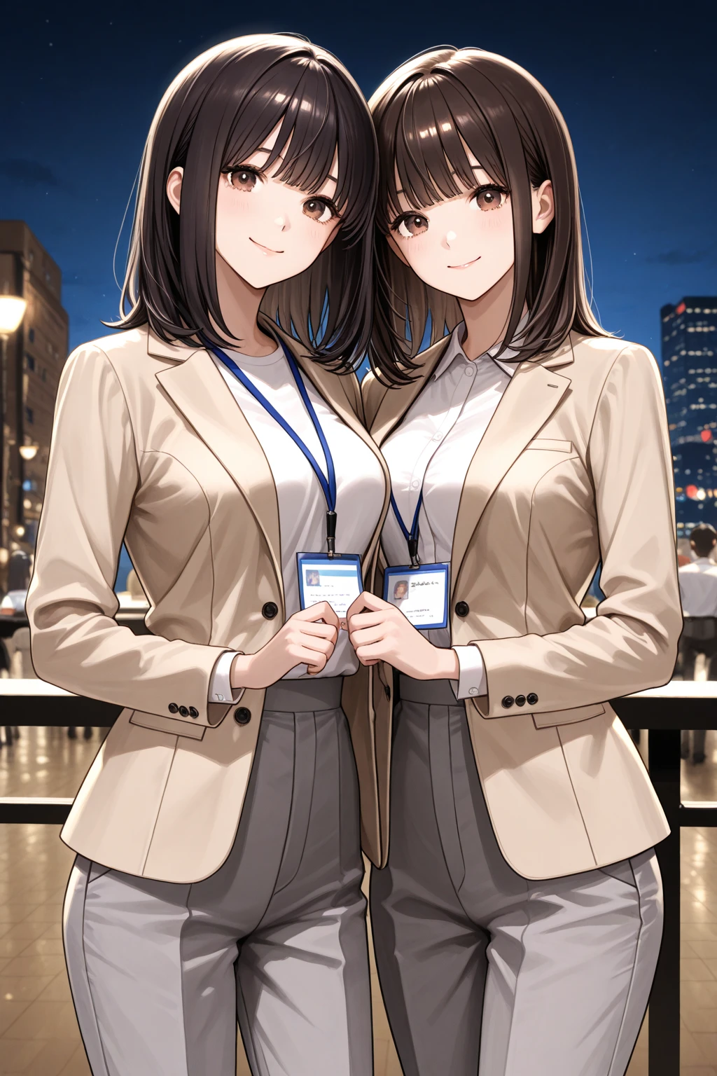 ((masterpiece, best quality, 8k, highres:1.2)), blue skirt suit, highleg, hazel eyes, blue blazer, blue pencil skirt, upper body, (brown hair, curly hair, long hair), (2girls, duo, twins, clones), (matching hairstyles, matching faces, matching outfits)