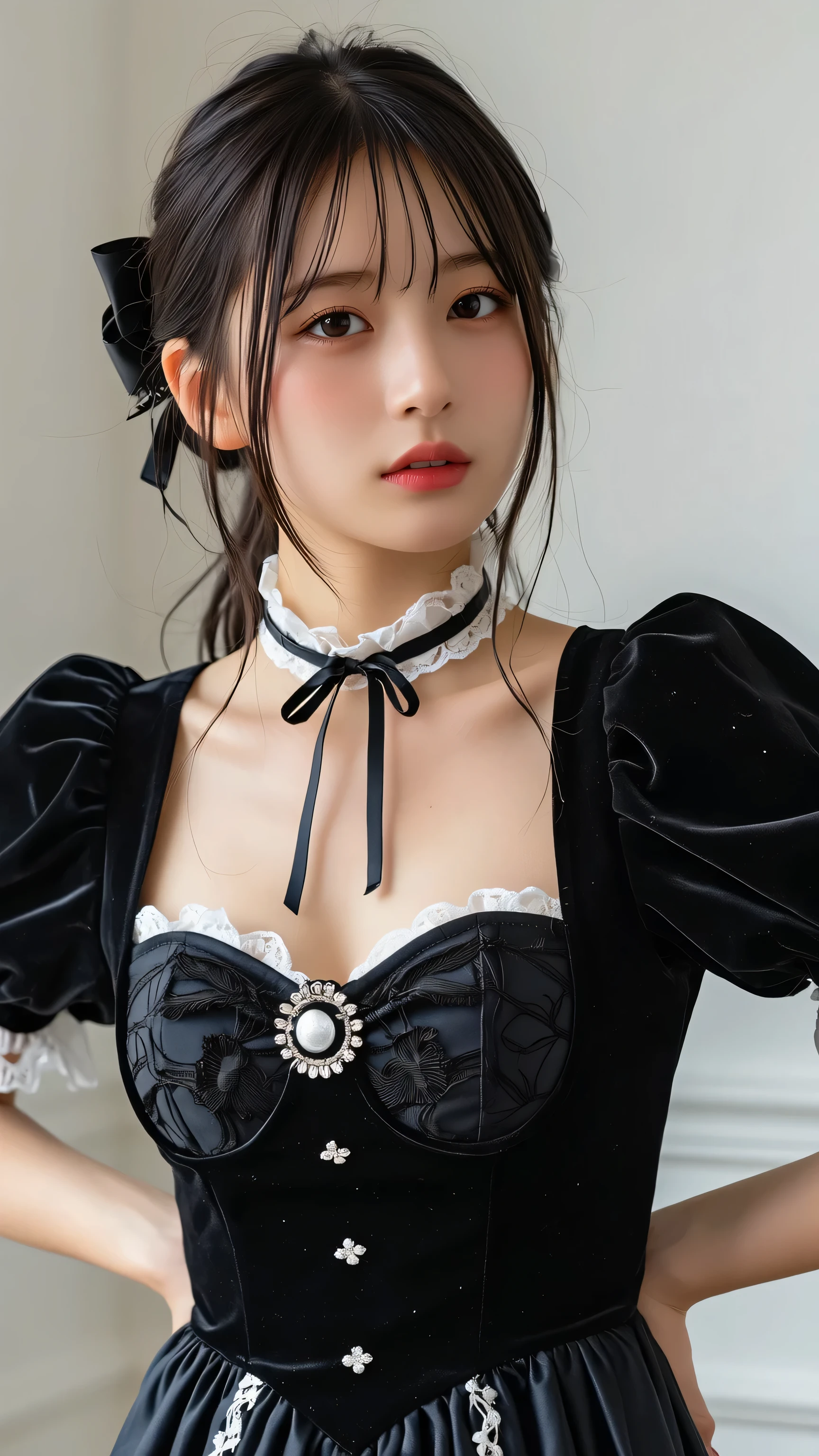 (8K, Photorealistic, Raw photo, of the highest quality: 1.3), (1girl in), Super beautiful, (Realistic face), (boyish, Silver Color Berry Shorthair), Beautiful , Glare that captivates the viewer, Beautiful expression, Beautiful , (Realistic skin), Be...Super high quality, super high definition, super detailed, masterpiece, 20years old, female, cute, perfect face, beautiful, nice body, gothic lolita clothes, gothic lolita fashion, frilly skirt, headdress, necklace, bracelet, knee-high socks, boots, double eyelids, tear bags, Detailed down to the fingers, photo-like description, indoors, dim indoor lighting, blonde hair, short bob, standing, whole body, composition that shows the whole body, smiling