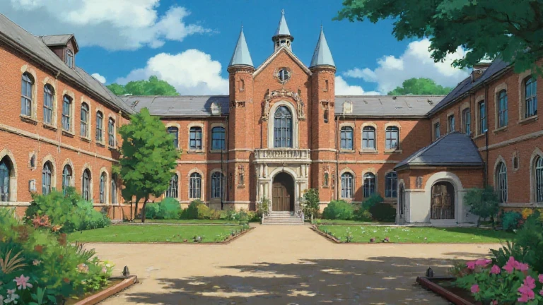 Animation picture of a large building with a clock tower in the middle, Madhouse Studio anime style, style of madhouse anime, milky white palace, palace background, in their noble mansions, (yuki), Japan High School, anime scene, A magnificent masterpiece, Screenshots from the 2012 animation, Anime background art, wide wide shot