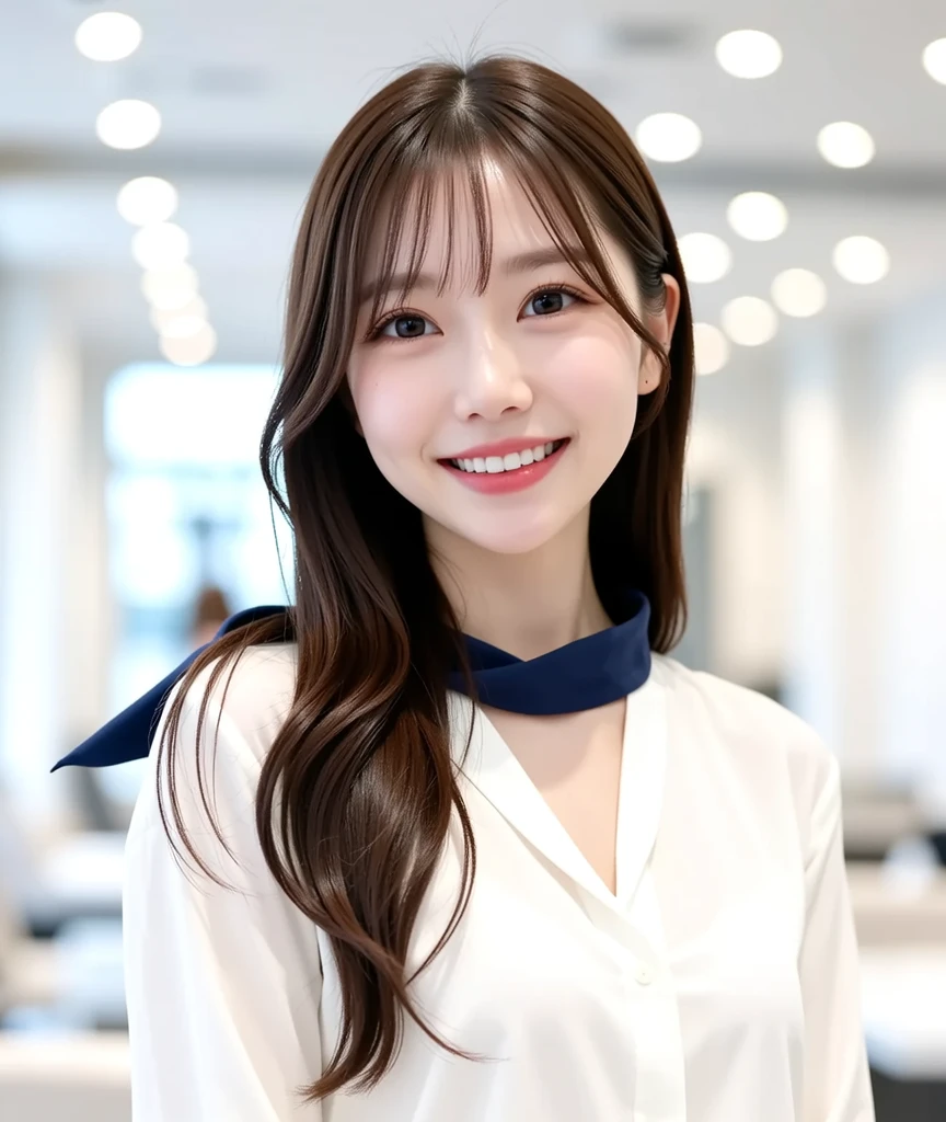  (8K, RAW photo, highest quality, masterpiece:1.3), (realistic, photo-realistic:1.4), (Highly detailed 8K wallpaper), sharp focus, Depth of written boundary,
 japanese idol,very cute,(baby face),sweater, Look at us and smile, Upper body, highly detailed face and eyes,((shiny skin:1.2)), cinematic lighting, soft light, blur background, Bokeh, Tech company office background with cutting-edge equipment, clean design, blue and white color tone