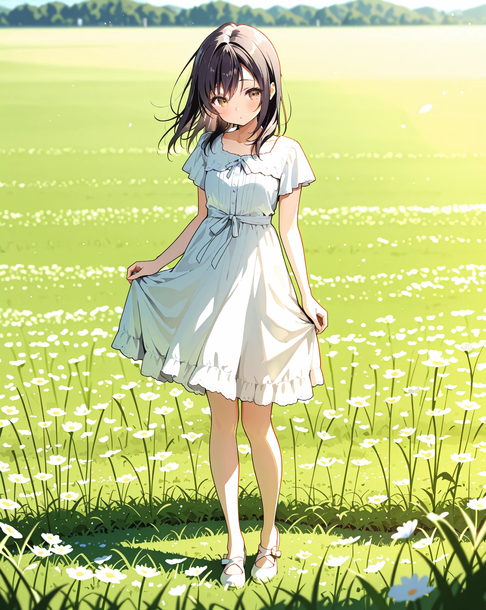 Reasonable design, Clear lines, High Sharpness, (Highest quality,8K,Perfect sharpness,Ultra fine,High resolution,masterpiece:1.2), Perfect :1.5, Official Art, Illustrations that tell a story, (Whitish background:0. 9)、Body Positivity、多Mr.な身体表現、(Random and energetic poses)、Perfect beauty、Perfect beautiful face、Strong winds、A rich expression、Dynamic composition、smile、Golden ratio composition、colorful、((Mr.々Different angles and perspectives))、Anime Art、(Mini dress)、(Overcoming stereotypes)、 Glowing Skin、(Natural beauty)、smile、Bangs、(Soft and flowing hair)、(countryside)、(Nostalgic atmosphere)、Put up to your feet、(Playful and carefree)、(多Mr.な民族のキャラクター)、(innocent attitude)、(Sunny atmosphere)、(The skirt flutters wildly in the wind)、(Bright colors)、Beautiful Eyes、(Embarrassing)、Braided Hair、Summer Scene、Smiling among flowers