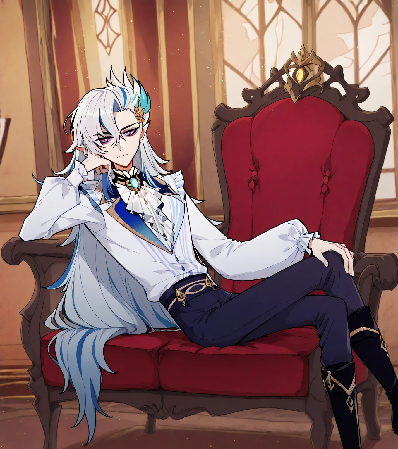 youth，，blue hair ，male， Masterpiece， high resolution，8K，Detailed background，high quality， boys，View from the front，Wolf's  features.. White hair on the abdomen，tight clothes， Boy，sit on the chair