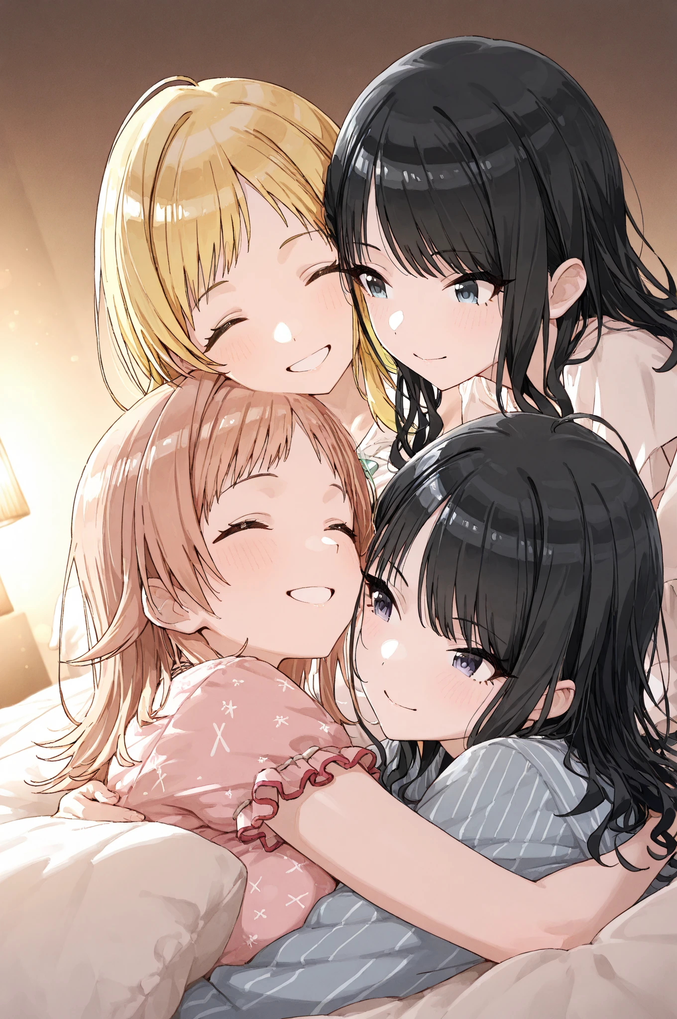 (masterpiece), (soft light), ultradetailed, 3 girls group1.8, selfie2.0, (()), right side one is long hair girl and gigantic breast and sunburn skin and spread own , ((they show 1.2)), left side one is blonde short hair and huge hip, central one is black hair and  , in the bed room, all of them have plump bodies, beautiful detailed , smile, all of them are short height