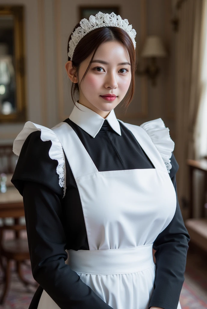 One Girl, apron, Black dress,  blush, Braiding, dress, Eyebrows visible through hair, Frills, gloves, Hair between the eyes, jewelry, Juliet Sleeve, Long sleeve, Maid, Maid apron, maid's headdress, Puffy sleeves, short hair, Sitting, White apron, window, Huge 、Nogizaka Idol、Korean Idol、Burning idol pose、actress、Age 25、expensive、Cafe、restaurant, Official Art，Highly detailed CG Unity 8K wallpaper, (masterpiece:1.0),(highest quality:1.0), photo shoot, 8K, Browsing Caution, High resolution, Kodak Portrait 400, Film Grain, Lens flare brilliance,Show Viewer