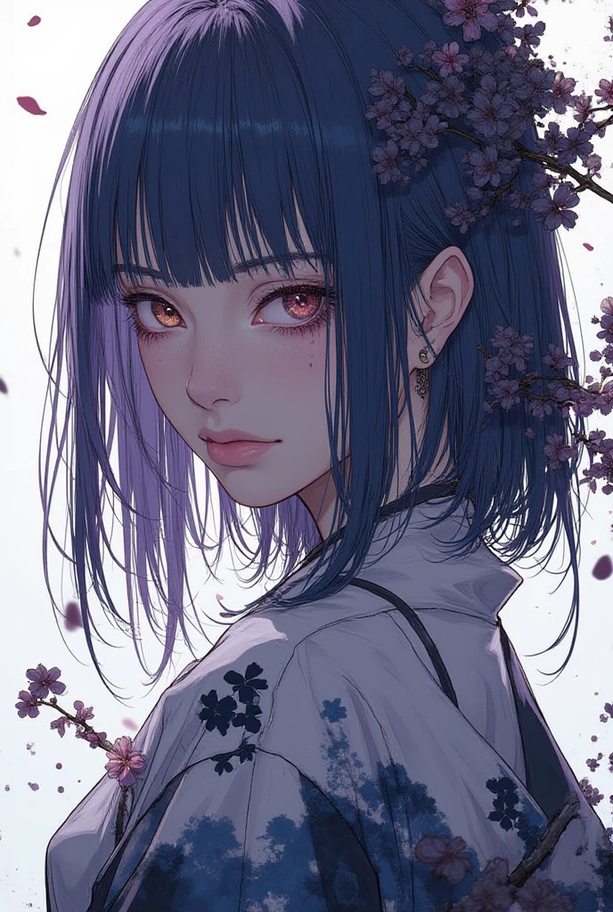 { -  error} (Masterpiece - Ultra-detailed, very high resolution) (huge titusty, masterpiece, absurdres, hinata\(boruto\), 1girl, solo,mature female, lilac turtleneck blouse, black pant, looking at viewelling petals), perfect composition, detailed lips, big breast, beautiful face, body propotion, blush, (pink lips), short hair, (black hair), purple eyes, soft gaze, super realistic, detailed, photoshoot, realistic face and body, closed mouth , lilac eyes, upper body, hidden hands, perfect fingers, inocent face, portrait, , backwards, looking back, dynamic poses