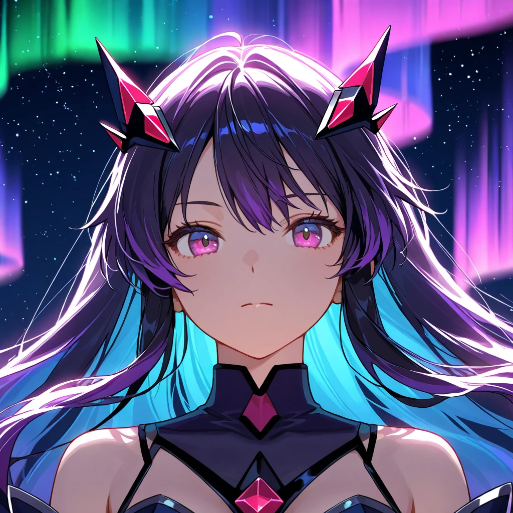(((dark skin tone))),dark skin male, femboy, dark skin, cute ,red eyes, blue mecha hairpin, dark brown hair medium hair,wearing a black exoskeleton, detached sleeves, blue mecha Gauntlets, black full , honkai impact herrscher of reason,full armour mecha_musame,battlesuit, orange gem on the chest, close up