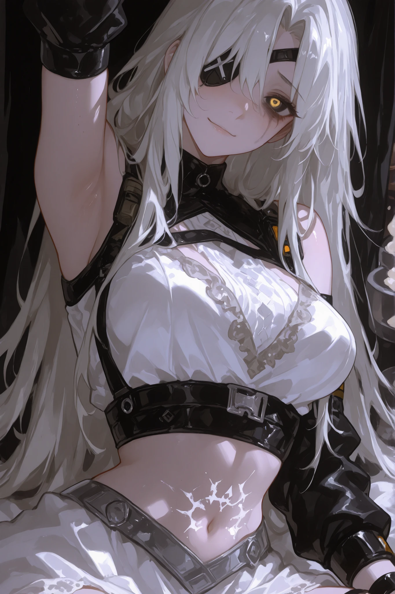 best quality, high resolution, large breasts, white hair, blush, embarrassed, cowboy shot, looking at viewer, Boosette, pink lip, ((( gothic outfit))), (((collar with chain))), (((chain between breasts)))