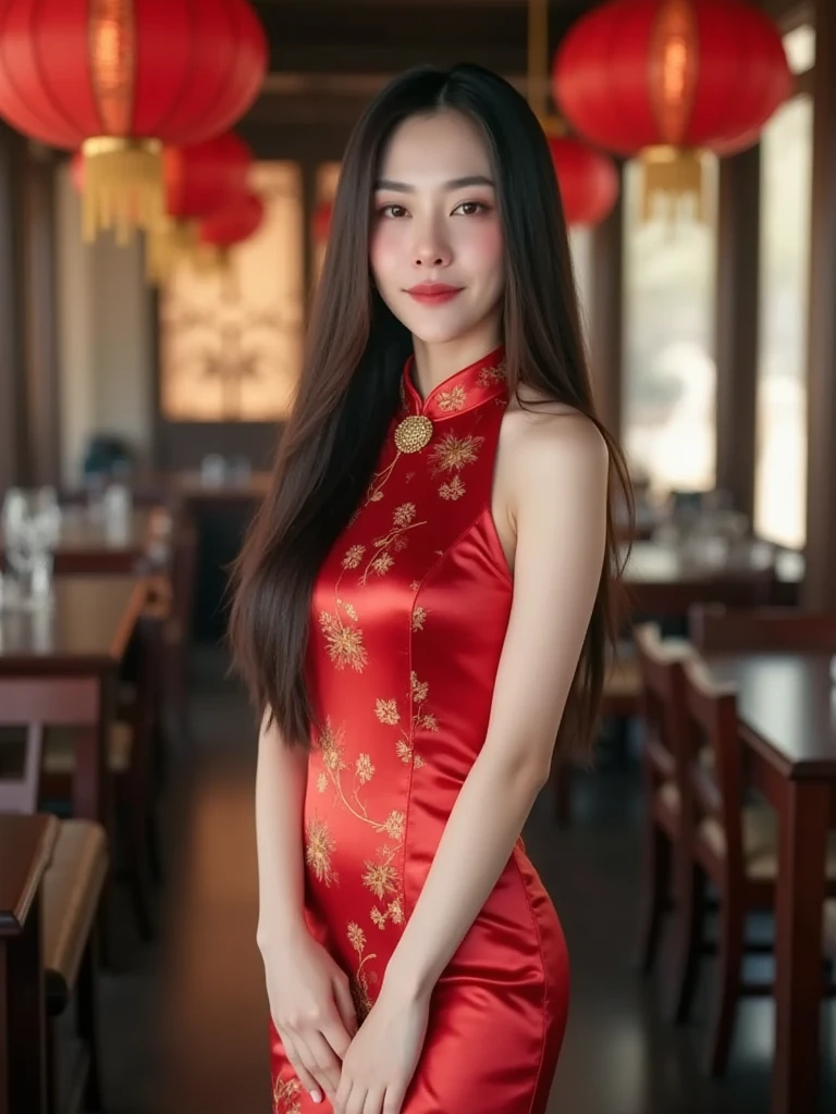 A Chinese girl under 20 years old, wearing a tight cheongsam, a short skirt, a single slit, a cute and young face, very fair skin, brown braided hair, the dress reveals her beautiful  and beautiful legs, standing against a brick wall, facing the camera, posing for a photo shoot, a low angle and wide angle, showing her whole body, outdoor background, daylight, Yaowarat area, product signs, very realistic image, realistic skin, like a photo taken by a camera, 4k high resolution.