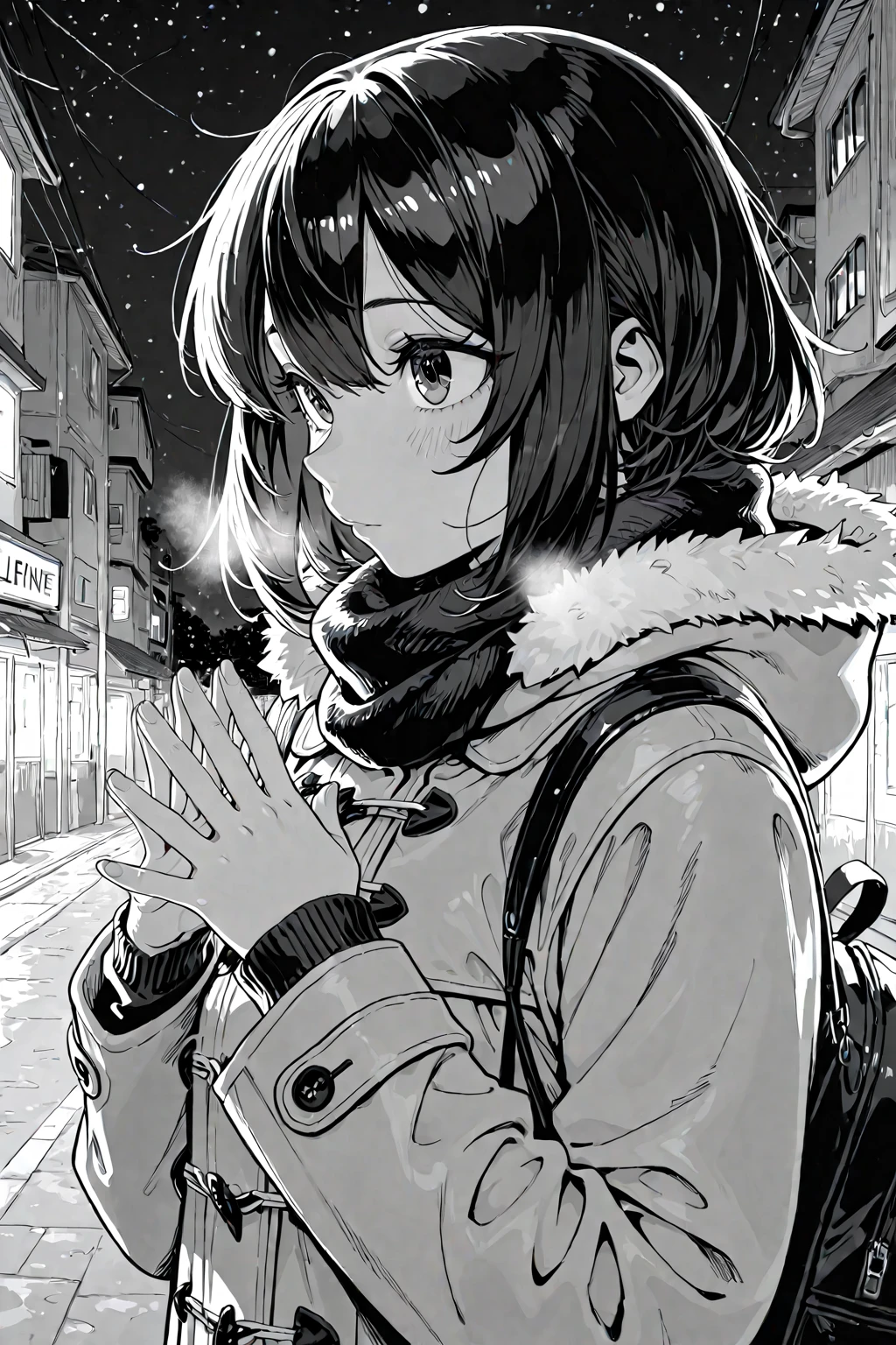 masterpiece, best quality, 1girl, mamerakkkkko, grayscale, manga style, japanese, chi no wadachi, black eyes, street, iced, black hair, schoolbag, smile, lineart, black coat, black scarf, black pleated skirt, leggins, centered, 18 years old, tall, fair skinned, bokeh background, crying, tears, tears streaming, bob cut, light particles, centered, snowing, (((reaching out left hand to viewer, perfect hand, detailed hand:1.1)), emotional anime scene

