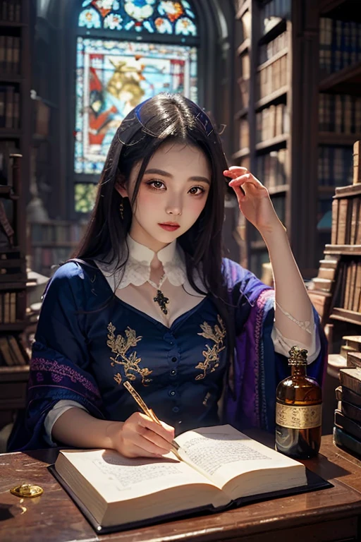 （tmasterpiece，top-quality，best qualtiy，offcial art，Beauty and aesthetics：1.2），（1girll：1.3），wavy and long hair，Light violet hair，Very detailed，sportrait，looking at viewert，独奏，（full body Esbian：0.6），detailedbackground，closeup cleavage，glowing light eyes，（Cold Arctic Winter theme：1.1），A fortune teller man，charlatan，pervert smirk，mistic，sit on the table，Colorful shoulderless loose gypsy fortune teller clothes，grail，   Tarot Cards， Crystal Sphere， medieval times （interior of a tent：1.1） Background with， Tent curtains on background， Dark and mysterious light， Shadowing， magical feeling vibes， Star Knight，， Dutch Angle，blackstockings、((Japan Beautiful Girl))
