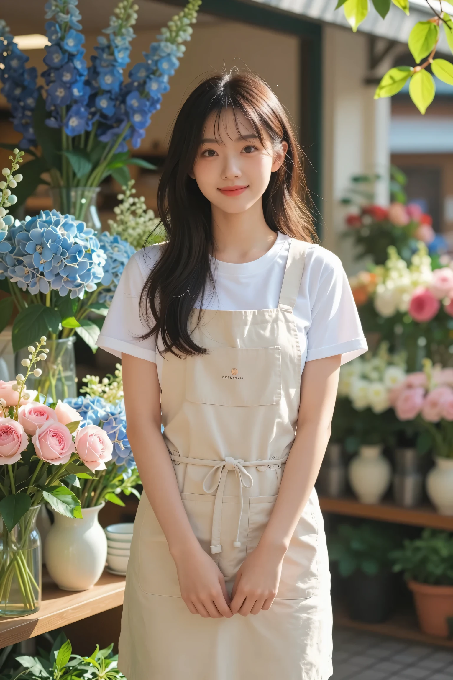 A 20-year-old girl working at a cafe where hydrangeas are blooming（Wearing a  and apron）
