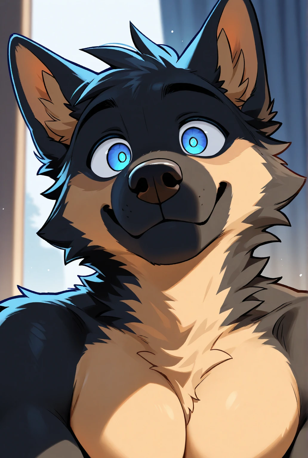 1girl (ONLY girls), any pose, doing anything, massive breasts and hips and butt, anywhere, any angle, alone, wolf, sexy, blushing, black slime wolf with red eyes (Abyss the Slime Wolf)