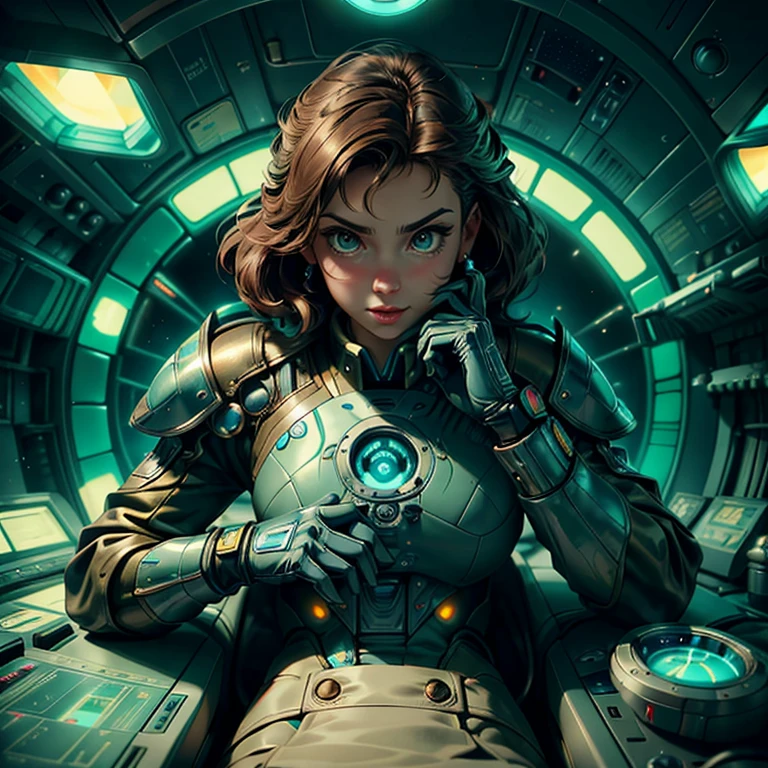 cuerpo entero,hembra con cara rara de alienigena extraterrestre pero bellisima, con ojos supergrandes en relacion con su cara, con iris de color verde,con el uniforme militar  con minifalda, de gears of war,(se encuentra en centro de control de estacion espacial).8k.