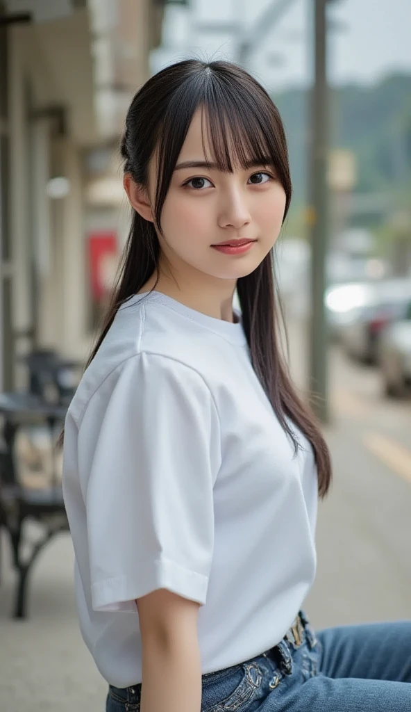 ((masterpiece)), ((photo realistic)), ((highest quality)),shiny eyes, Fair skin, puffy face, broad jawline,big beady eyes, well-proportioned Japanese girl, 15years old, (no make-up:1.2) , glowing silver light brown hair, (messy hair) , (tearful face, shy smile, troubled face), urban street, ((sunset)), bokeh, neon light , (full body shot from front), training wear , running, Empty-handed, ultra detailed face