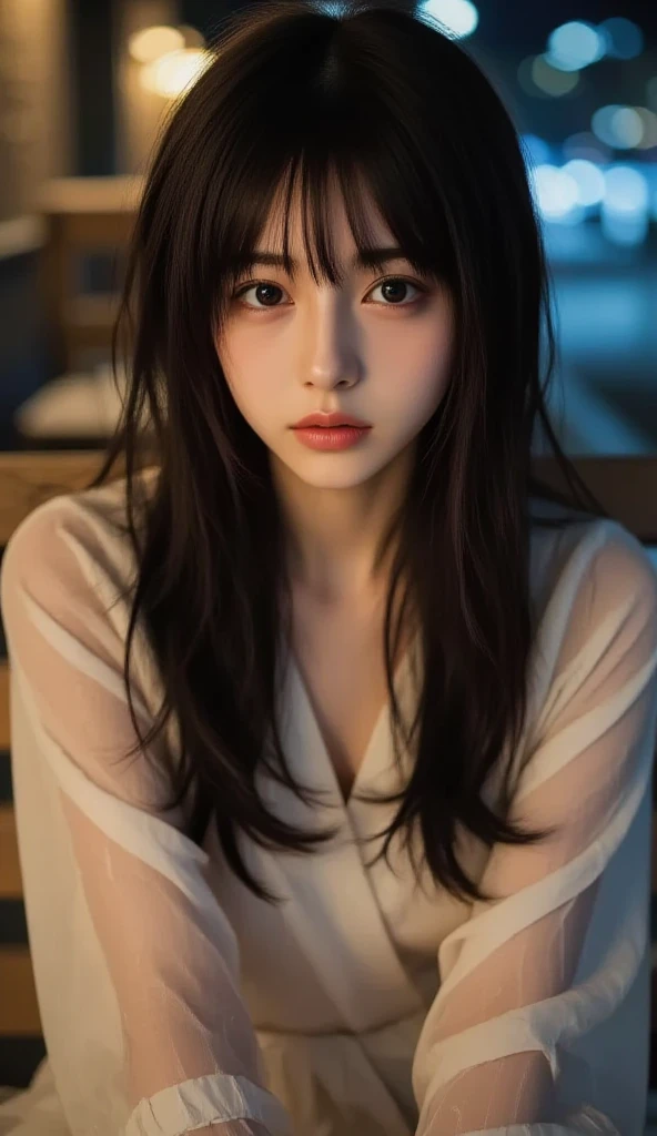 Sexy and cute woman, black brown hair, long hair, straight hair, weak eyes, blushing intensely, lips parted, ready to kiss, long oversized white shirt