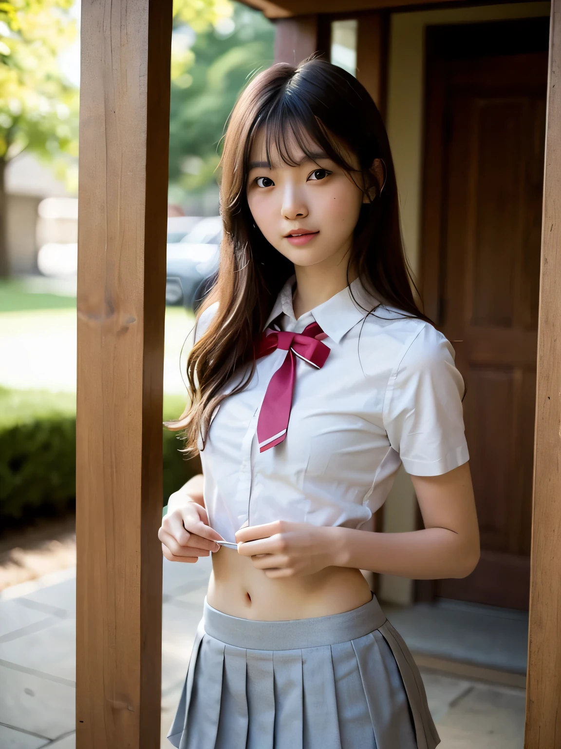 8k, Ultra-high resolution, Highest quality, masterpiece, using the rule of thirds,Surreal, photograph, 1 Girl, 18 yo, (:2), (::2), (:2), pretty girl, Cute face, Beautiful eyes in every detail, Detailed in fine detail,masterpiece, (:1.5), (showing her :1.5), One Girl:1.2, Japan Female Announcer,whole body,((very small head:1.3)),Center-parted bangs,amount,Black Hair,Long Hair,Iris,Gorgeous eyes,smile,((Toned body,Slender body,skinny)), ((hourglass figure:1.4)), (high school uniform)、(unbuttoned white shirt:1.4), (:1.5), (downblouse:1.5)、(loose red ribbon tie:1.4)、(Grey plaid pleated ), (black thigh highs socks:2), (black thigh highs:2), Glowing Skin,Shiny skin,Beautiful leg line, (zettai_ryouiki:2), beauty, love hotel room,Full of appeal,Sensual, innuendo, just , (experiencing a big just while looking the viewer:2), Looking at the audience、beauty、(((Ideal body type))), (:2), (:1.5), (huge :2), downblouse, Perfect 、vivid detailed、detailed、Surreal、Light and shadow,Strong light