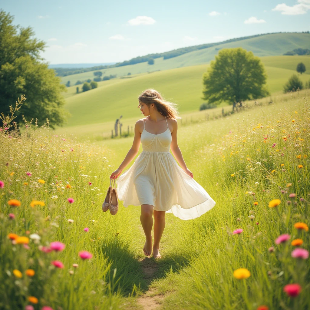 27 year old woman, walking on a dirt trail, surrounded by overgrown grass, wildflowers and trees, , wearing a form-fitting minidress, high heels, worn wooden garden shed in the background, sun shining, late evening, backlit, HDR, UHD, hyperrealistic, highly detailed, casting shadow style
