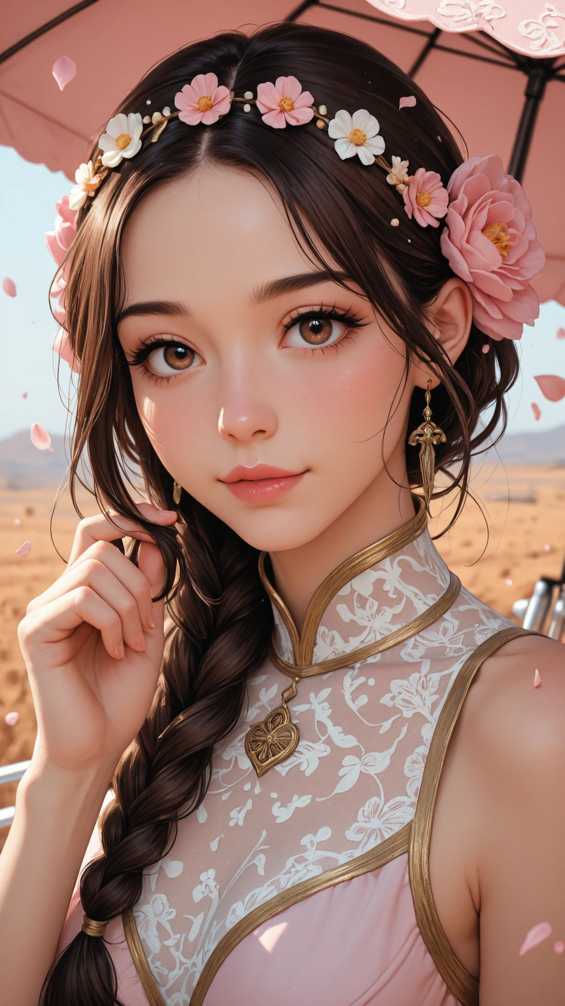 1girl solo long hair  looking at viewer brunette headgear dress brown eyes jewelry sitting upper body string flower earrings outdoors hair flower bag tree leaves handbag red lips bench