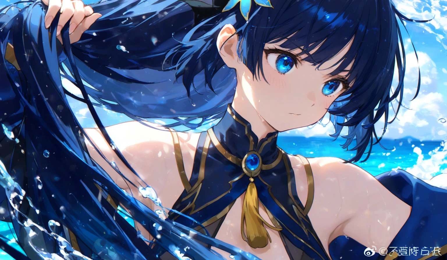 A woman in a blue dress is sitting on a wave - SeaArt AI