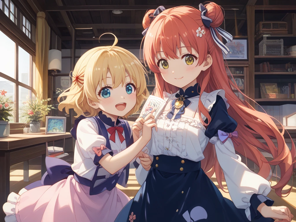  [Nakano yotsuba, nakano_yotsuba, aayotsuba, shoulder length orange hair, green ribbon] blushing, looking down, embarassed face, flustered, goofy awkward, extremely cute face, in love, dreamy eyes,  best quality)), extremely fine and beautiful, super fine illustration, top-quality、Official art、Beautifully Aesthetic:、vivid colours、colourful, HD Detail, Ultra Detail, soft Light, magical photography, intricate details, , sfw, , indigo eyes, masterpiece, 4k, ultradetailed,