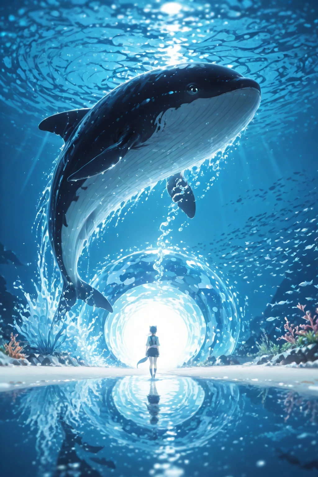 an In the water city, Ocean world, In the water, city In the water, Ocean, fish, whale shark, Handsome man snorkeling, Floating on water, In the water, Fantasy, Reef, Stingray, jellyfish, House under water, makoto shinkai, Ghibli, Cinematic Light