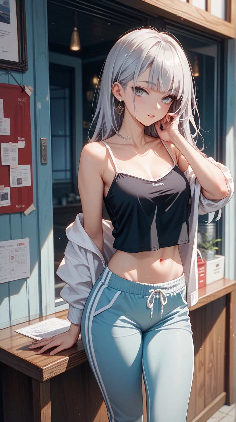(Best Quality,High resolution,8K,finelity detailed background,Masterpiece:1.2),beautiful girl,Glossy romance gray hair,messy hair,Gray eyes,Gentle look,A refreshing look,Best quality,Best Quality,Aesthetic and aesthetic:1.2,Best details((Super detailed))(High-definition CG illustrations),Tank top,Shorts,Slender body,Training Gym,smile,blush,cute,Scrounge,Looking up,Being spoiled,super model,shoot from above