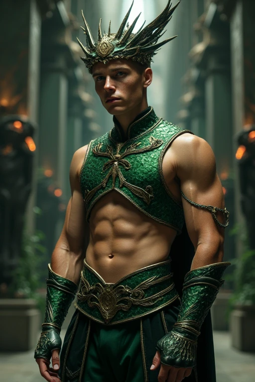 Homem, jovem, bonito, green eyes, bronzeado, Dark brown hair, musculoso, defined in a slender way, dark medieval fantasy, with more details in the image 
