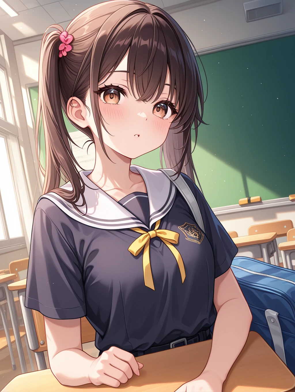 I am sitting on the floor of the School gymnasium and observing classes because I am not feeling well.,(masterpiece, Highest quality:1.2),figure,8K,High resolution,One girl,alone,Upper Body,(Portraiture:1.2),brown_hair,Folded_ponytail,brown_eye,Seraphim,length_hair,School_uniform,skirt,Pleats_skirt,