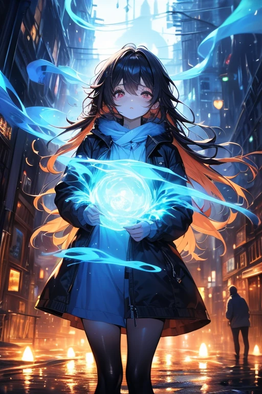 A determined girl teenager, ((holding a magical orb that emits a soft light)), standing on a windswept cliff overlooking a vast, cloudy expanse. Half-length shot, panoramic view, epic mood, abasterpiece)), ((best quality)), ultra detailed,((illustration)), dynamic angle, detailed light, (delicate eyes), (ahoge:0.8),apathy, ray,frontage,style of anime4 k, 4k anime wallpaper, badass anime 8 k, 4 k comic wallpaper