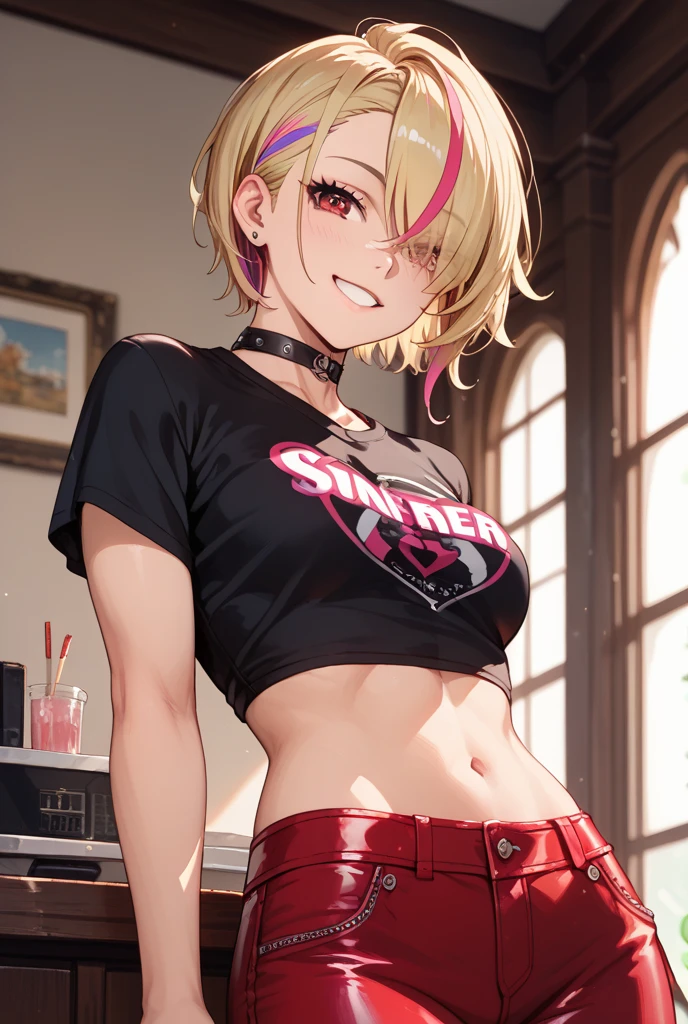 ((work of art, Best quality)), frontal lighting, (1 woman), (Alone), (female focus), (standing: 1.3), (looking ahead: 1.3), defined body, exercise uniform, gym clothes, leggings, top, short clothes, black hair, short hair, brown eyes, freckles, (dark skin: 1.3), mulatto, (very wide shot: 1.5), streaked hair, black hair, curly hair, hair behind ear, yellow eyes, sparkling pupils, light smile, grin, serious,  smile, depth of field, reflection light, macro photo, masterpiece, anatomically correct, high quality, best quality