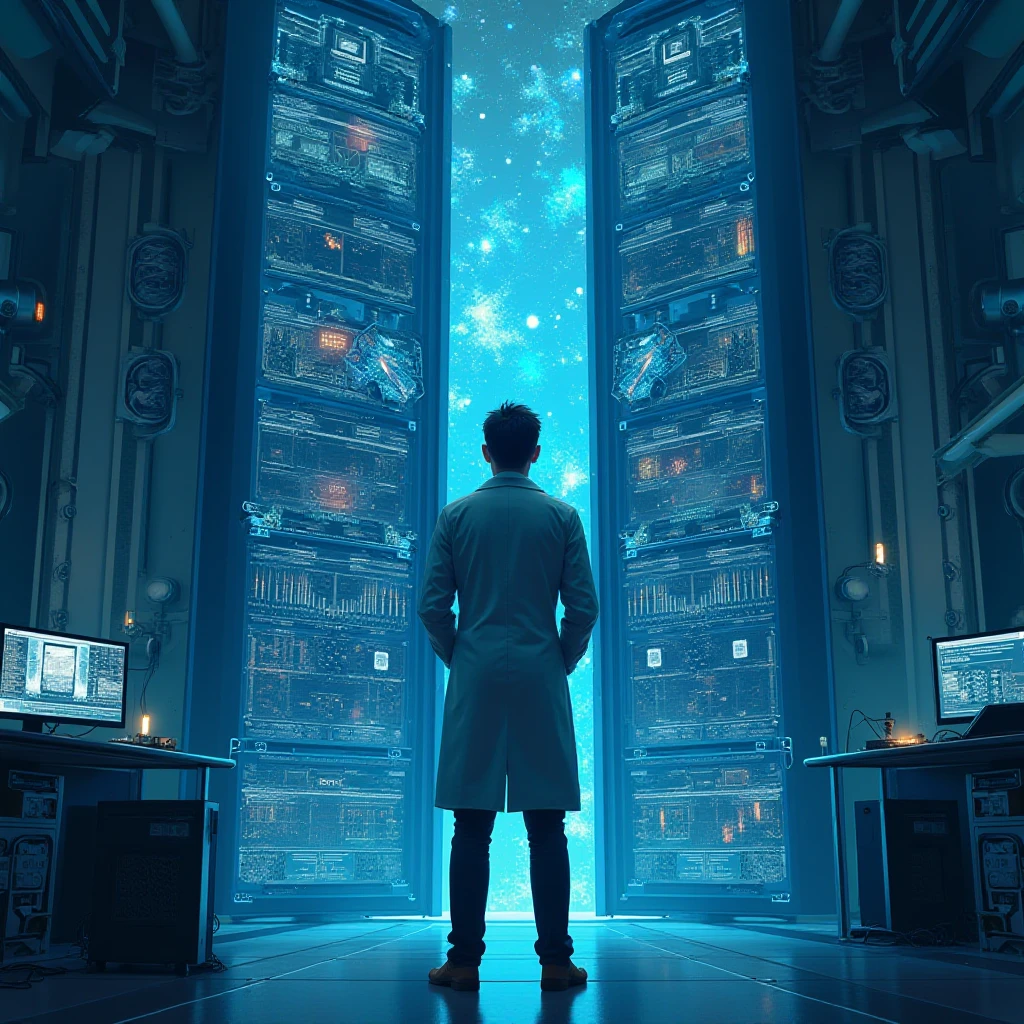 Dr. Octavius, wearing a white lab coat and safety goggles, is researching plans and new equipment on a supercomputer. The light from the screen is illuminating his face, creating shadows and a special glow, fantasy style, ultra realistic, (hyperrealism:1.1),(detailed:1.2)