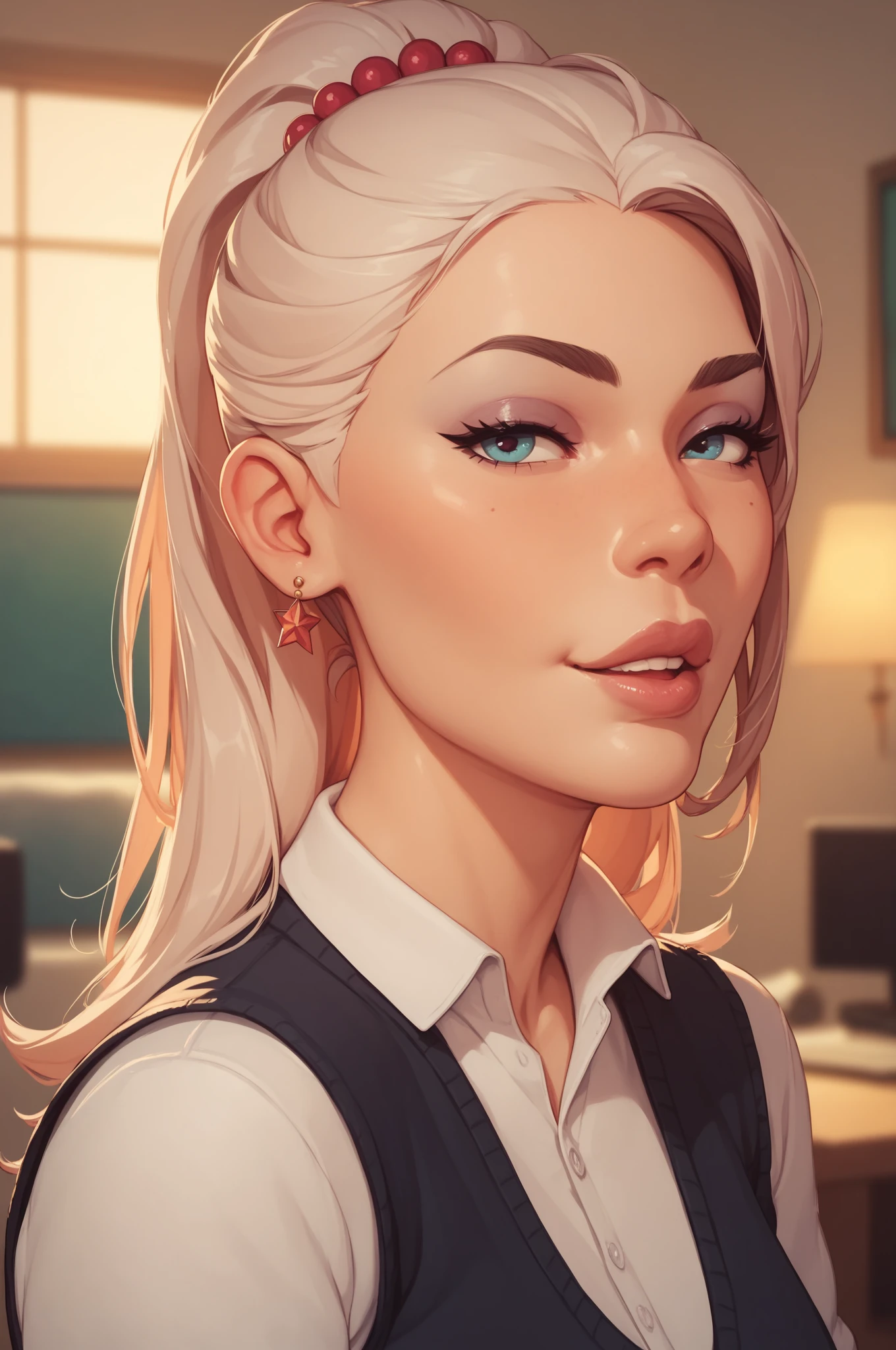 Masterpiece, raw,  beautiful art, professional artist, 8k, art style by sciamano240, very detailed face, very detailed hair, 1 mature woman, perfectly drawn body, beautiful face, long hair, light blue hair , very detailed blue eyes, pouty lips , rosey cheeks, intricate details in eyes, playful smile, looking directly at viewer , in love with viewer expression, wedding ring , lipstick, very close up on face, sunny fall day, teaching in class, wearing sexy teacher clothes, classroom, shirt, pencil skirt, thigh boots, standing in front of black board, 