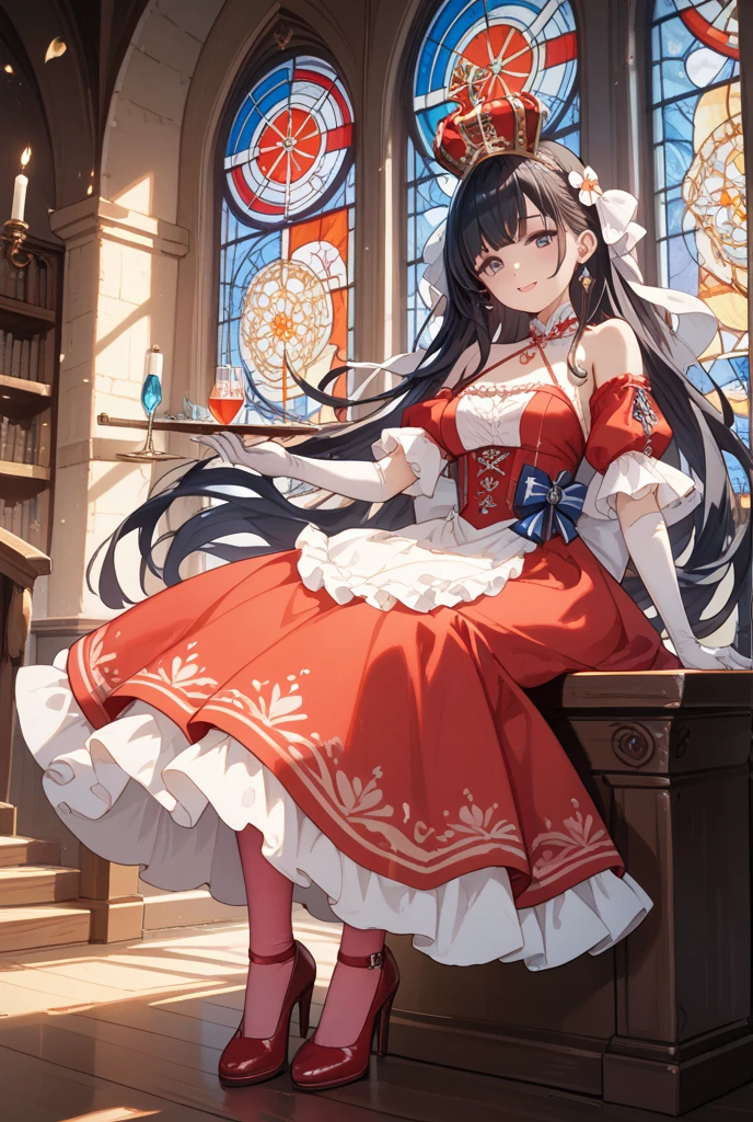 (masterpiece, best quality, high quality, high resolution: 1.4), detailed, extremely detailed, soft ambient lighting, 4K, ornate, internal, (rebirth, crop: 1.4), plants, window, 1Gril, megumin (soil: 1.4), ( megumin: 1.2), Standing, full body, (Focus on breasts: 1.2), (Extremely detailed hair: 1.2), Dark brown hair, shoulder length hair, Long locks, Fringe, (Hair intake, High ponytail:  1.4), expression, reds, emotion the flower of the skin, (Red Eyes, Bright, lust,  tension, Looking at the Viewer: 1.2), Curvy, Huge Breasts, , (Explosive Breasts: 1.2), (Tiara: 1.2), Crown, (Neckline, Strapless, Red Dress, Ruffled Dress, Long Skirt, Buffalo Skirt, Buffalo Sleeve, Juliet Sleeve, Long Sleeve: 1.2), Jewelry, Totally Sexy, garter belt, black stockings