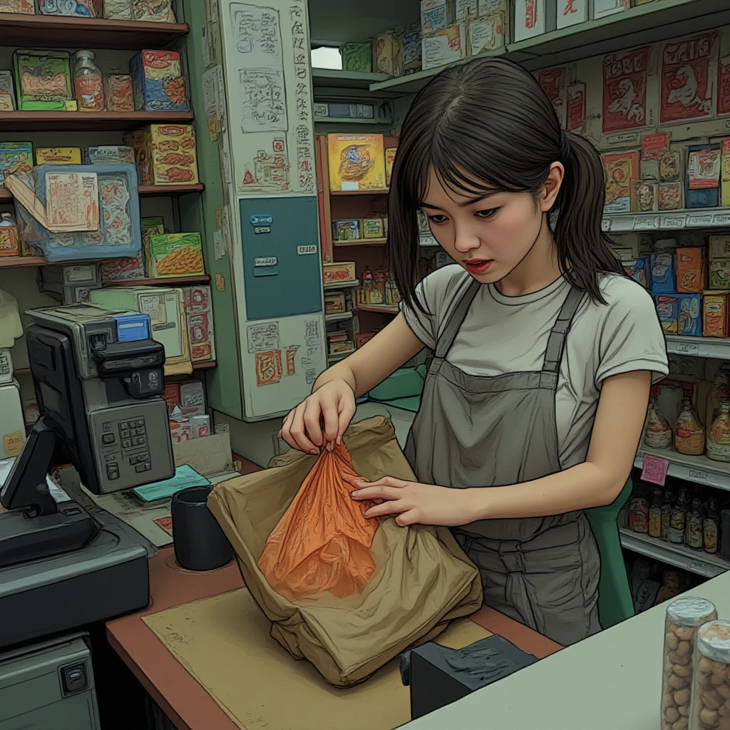 A masked robber in a late-night convenience store, a frightened cashier, night scene, dimly lit store, surveillance cameras recording, struggle for control, tense atmosphere, shelves stocked with various products, cash register with money, hushed whispers, desperate plea for help, fear in the eyes of the cashier, hasty movements, hidden panic button, security guard on lunch break, eerie silence, flickering fluorescent lights, abandoned aisles, dusty floor, shadows lurking in the corners, eerie reflections on windows. (best quality,4k,8k,highres,masterpiece:1.2),ultra-detailed,(realistic,photorealistic,photo-realistic:1.37), dark mood, suspenseful, thriller, cinematic lighting, contrasting colors, night sky, subdued tones, dramatic shadows.