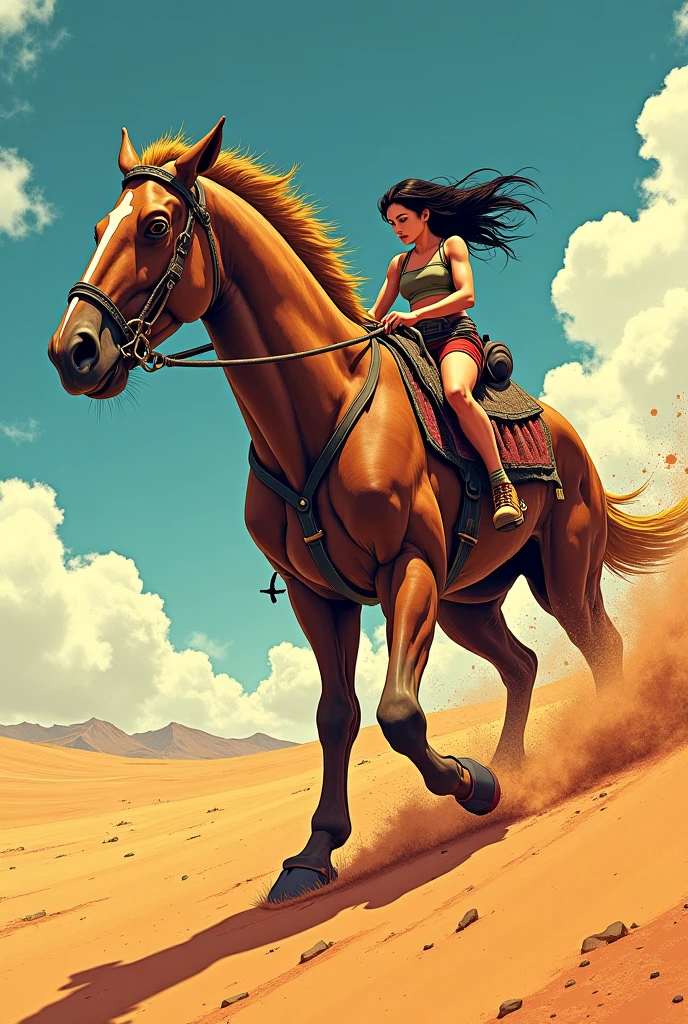 sexy warrior woman riding a horse carrying a wooden pole in one hand, moon night, large landscape (art inspired by Bill Sienkiewicz, intricate details, oil painting)

