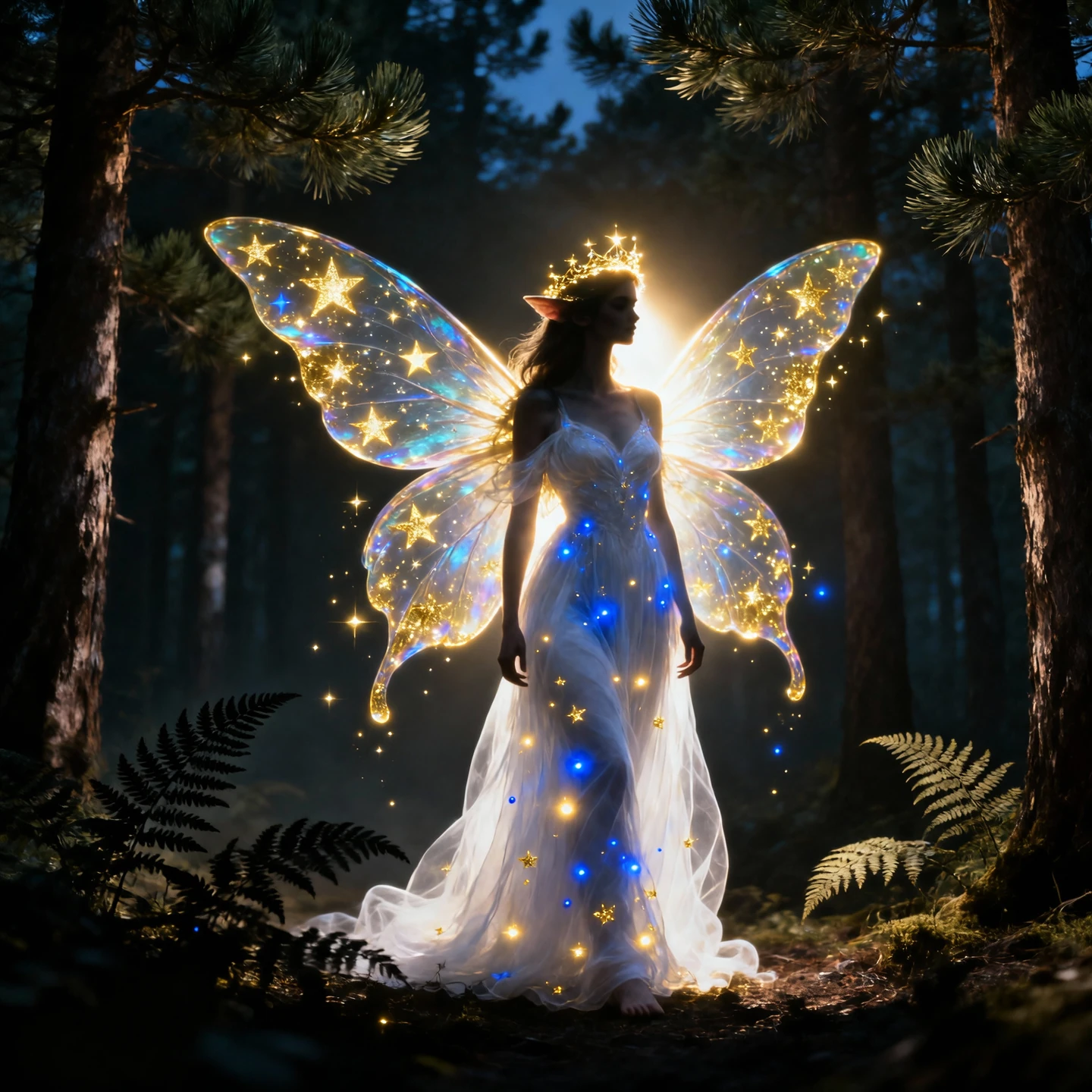 A female humanoid figure with opalescent skin, hair flowing like molten silver cascading down to her ankles, eyes sparkling like galaxies, and iridescent butterfly wings sprouting from her back, hovering above a phosphorescent crystal garden.