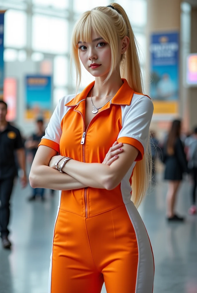 best quality, highres, solo, blonde hair, a female character is wearing a yellow and black colored outfit with a backpack and a yellow vest, dark black and yellow, sports leisure, blue eyes, long hair, hoop earrings, Virtual Reality headset, chunky cuban link jewelry, , she is standing in front of a crowd in daylight, pigeoncore, neo-dadaist, mechanized precision, audience member, in crowd spectator sitting in a foldable chair at a open air tech conference taking place in daytime, in the style of mecha sci-fi anime